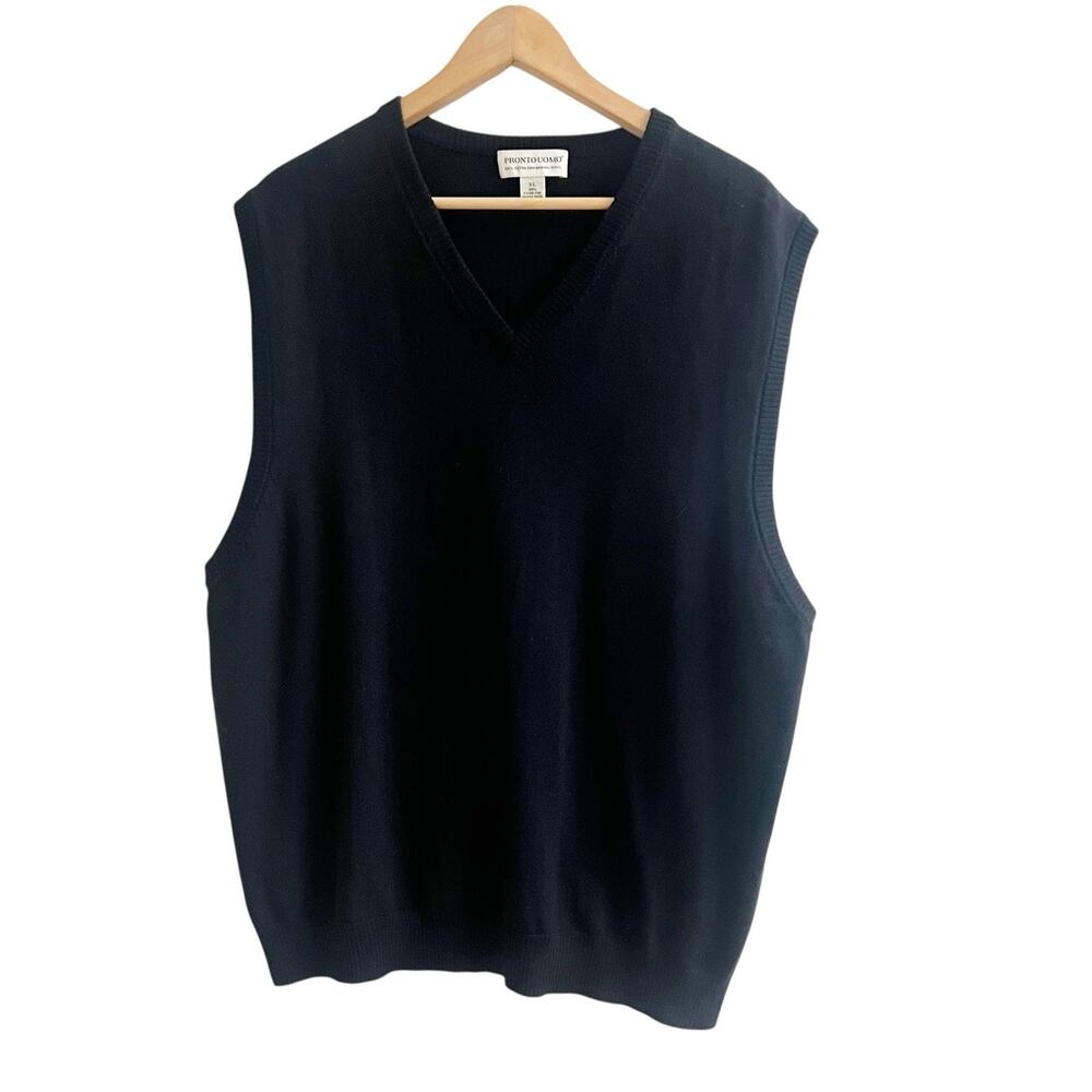 Pronto Uomo Men’s 100% Extra Fine Merino Wool Vest Black Size XL V- Neck Preppy